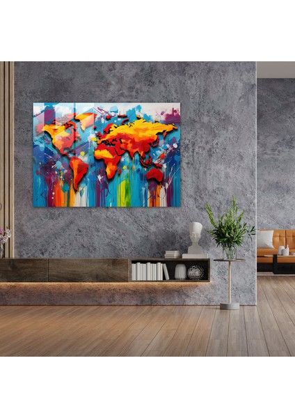 Dünya Haritası - Renkli Cam Tablo Pop Art Boyama Dünya Haritası 2 fiyatları