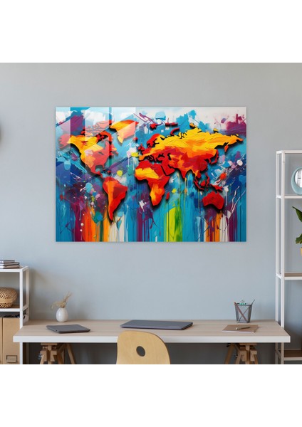 Dünya Haritası - Renkli Cam Tablo Pop Art Boyama Dünya Haritası 2 modelleri