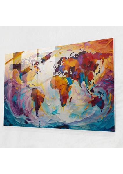 Dünya Haritası Cam Tablo - Soyut Kıvrılan Renkler - Dünya Haritası 2 Cam Duvar Sanatı Canlı Renkler Ev Dekorasyonu