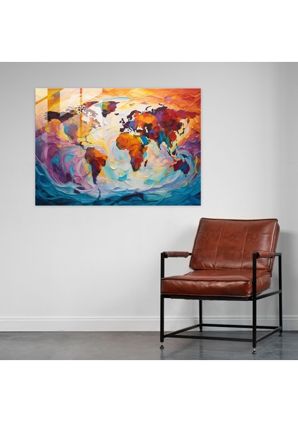 Dünya Haritası Cam Tablo - Soyut Kıvrılan Renkler - Dünya Haritası 2 Cam Duvar Sanatı Canlı Renkler Ev Dekorasyonu modelleri