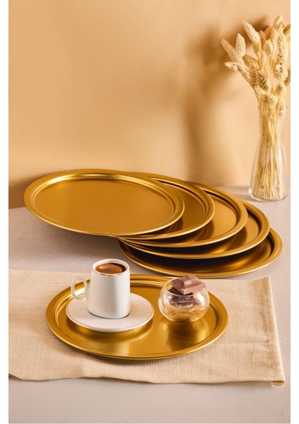 Goldın Mat Gold Metal 6’lı 23X23 Kahve Yuvarlak Servis Sunum Tepsisi