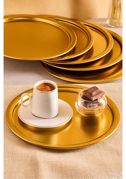 Goldın Mat Gold Metal 6’lı 23X23 Kahve Yuvarlak Servis Sunum Tepsisi fiyatları