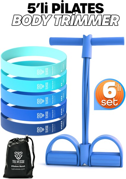 6lı Set Body Trimmer + Pilates Lastiği Seti Mekik Kürek Çekme Spor Kondisyon Egzersiz Aleti Mavi
