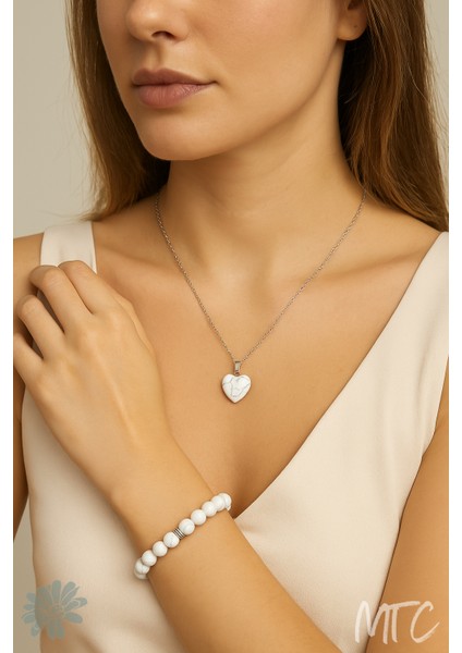 Beyaz Havlit (Howlite) Kalp Doğal Taş Bileklik&kol