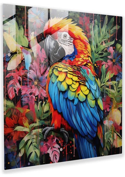 Doğa Yaşamı Cam Duvar Sanatı - Tropik Bitkiler Arasında Canlı Papağan - Gerçeküstü Karışık Medya Sanatı Cam Sanatı