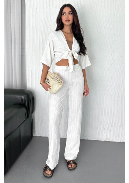 Kadın Bağlamalı Crop Bluz & Çizgili Bol Paça Kimono Pantolon Takımı – Yazlık Şıklık fiyatları