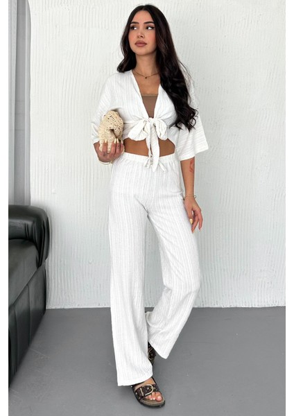 Kadın Bağlamalı Crop Bluz & Çizgili Bol Paça Kimono Pantolon Takımı – Yazlık Şıklık modelleri