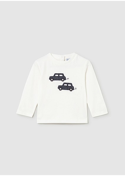 Krem Araba Işlemeli Erkek Bebek Uzun Kollu Tişört 2072