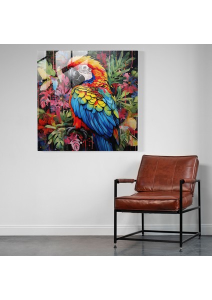 Doğa Yaşamı Cam Duvar Sanatı - Tropik Bitkiler Arasında Canlı Papağan - Gerçeküstü Karışık Medya Sanatı Cam Sanatı fiyatları