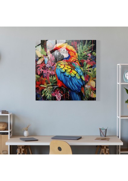Doğa Yaşamı Cam Duvar Sanatı - Tropik Bitkiler Arasında Canlı Papağan - Gerçeküstü Karışık Medya Sanatı Cam Sanatı modelleri
