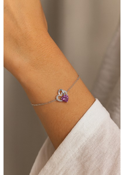 925 Ayar Gümüş Ametist Taşlı Çift Kalp Bayan Gümüş Bileklik fiyatları