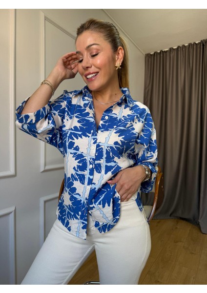 Mavi Çiçek Desenli Gömlek modelleri