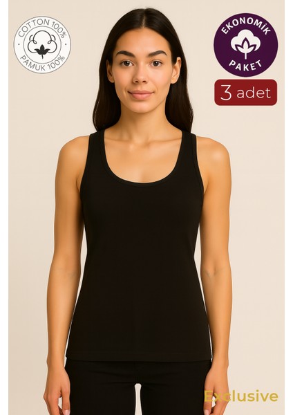 Kadın Pamuklu Ribana Kalın Askılı Atlet 3'lü Paket | Siyah K0111