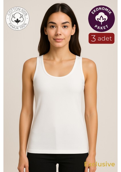 Kadın Pamuklu Ribana Kalın Askılı Atlet 3'lü Paket | Beyaz K0111