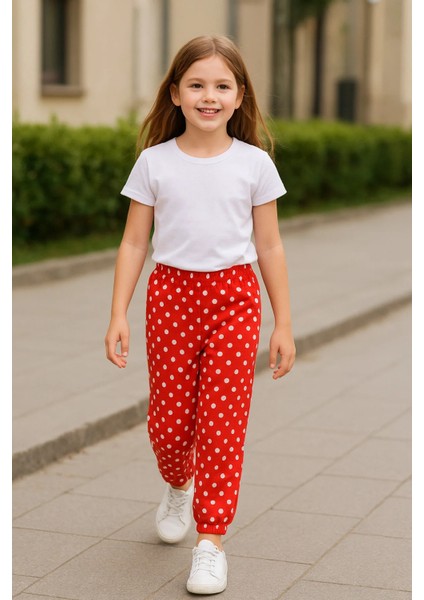 Kırmızı Puantiyeli Pamuklu Çocuk Pantolon
