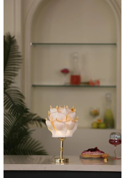 Gold Detaylı Eva Gül Tasarım Kablosuz Şarjlı Masa Lambası - Alt Uzun Parlak Gold