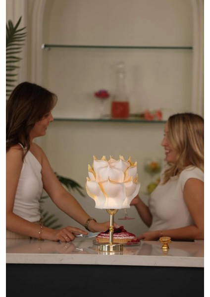 Gold Detaylı Eva Gül Tasarım Kablosuz Şarjlı Masa Lambası - Alt Uzun Parlak Gold fiyatları