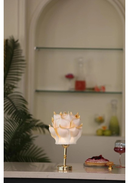 Gold Detaylı Eva Gül Tasarım Kablosuz Şarjlı Masa Lambası - Alt Uzun Parlak Gold fırsatları