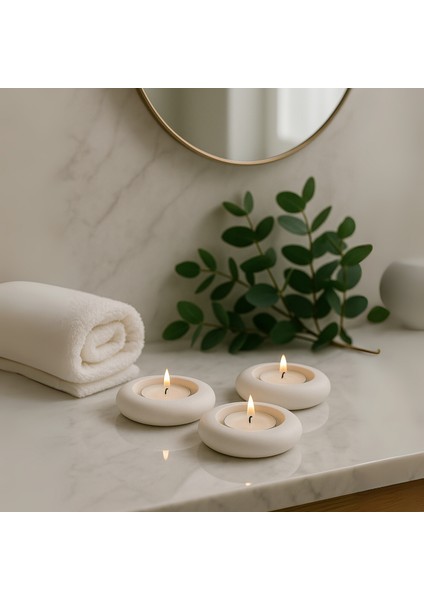 Dekoratif 3'lü Tealight Mumluk Seti – Beton Görünümlü, Modern Tasarım