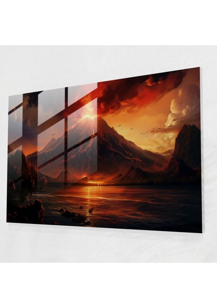 Muhteşem Volkan Cam Duvar Sanatı - Volkan Nefes Kesen Günbatımı Ev Dekorasyonu Siluet Dağlar