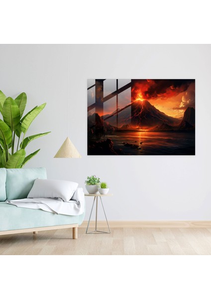 Muhteşem Volkan Cam Duvar Sanatı - Volkan Nefes Kesen Günbatımı Ev Dekorasyonu Siluet Dağlar fiyatları
