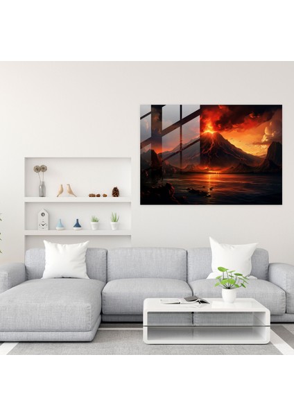 Muhteşem Volkan Cam Duvar Sanatı - Volkan Nefes Kesen Günbatımı Ev Dekorasyonu Siluet Dağlar modelleri