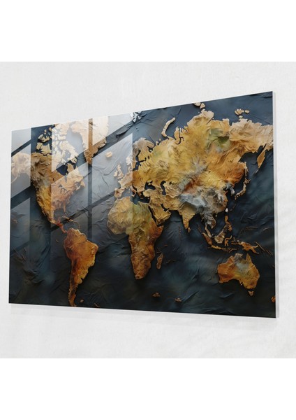 Dünya Haritası Cam Tablo - Gerçekçi Yağlı Dünya Haritası - Detaylı Dünya Haritası 2 Modern Sanat Canlı Renkler