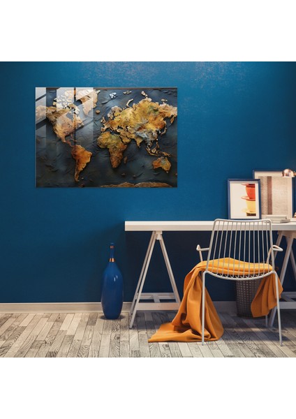 Dünya Haritası Cam Tablo - Gerçekçi Yağlı Dünya Haritası - Detaylı Dünya Haritası 2 Modern Sanat Canlı Renkler modelleri