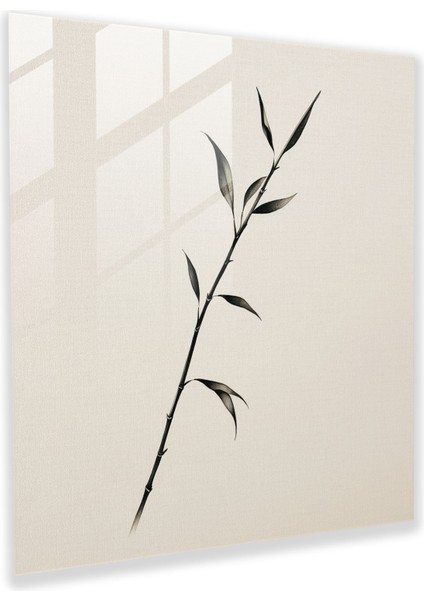Zen Bambu Dalı Cam Tablo - Zen Cam Sanatı Huzurlu Minimalist Mürekkep Çizimi