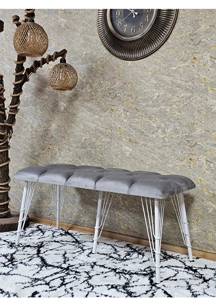 Metal Beyaz Tel Ayaklı 100 cm Puf Bench - Puf - Bench - Oturak - Mutfak Oturağı - Antre Oturağı Gri Renk 100 x 40 Boyut/ebat