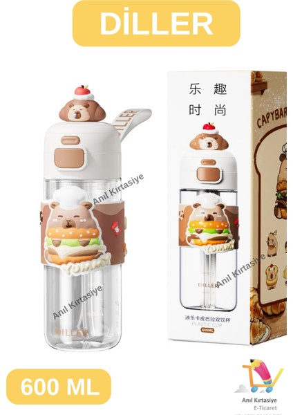Diller Tek Kapak Çift Içim Pipetli/rahat Bilek Askılı Capybara 600 ml