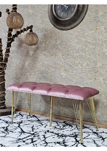 Metal Gold Tel Ayaklı 100 cm Puf Bench - Puf - Bench - Oturak - Mutfak Oturağı - Antre Oturağı Pembe Renk 100 x 40 Boyut/ebat