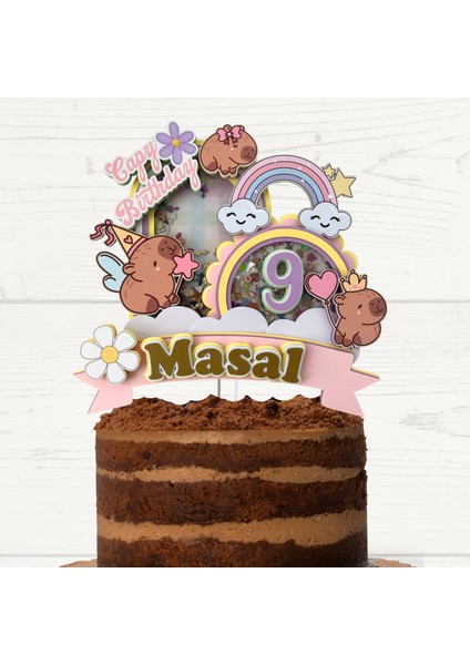 Kapibara Capybara Temalı Kız Çocuk Doğum Günü Isme Özel 3D Pasta Parti Süsü Cake Topper (25X23 Cm)