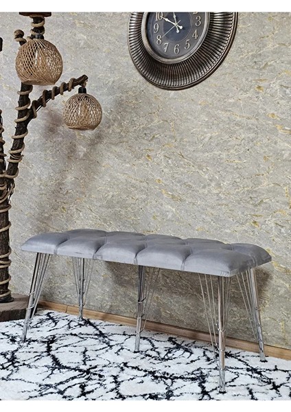Metal Krom Tel Ayaklı 100 cm Puf Bench - Puf - Bench - Oturak - Mutfak Oturağı - Antre Oturağı Gri Renk 100 x 40 Boyut/ebat