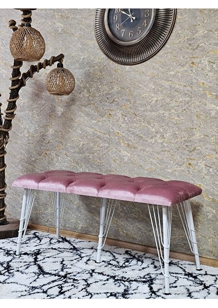 Metal Beyaz Tel Ayaklı 100 cm Puf Bench - Puf - Bench - Oturak - Mutfak Oturağı - Antre Oturağı Pembe Renk 100 x 40 Boyut/ebat