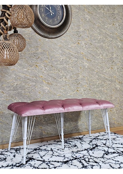 Metal Beyaz Tel Ayaklı 100 cm Puf Bench - Puf - Bench - Oturak - Mutfak Oturağı - Antre Oturağı Pembe Renk 100 x 40 Boyut/ebat modelleri