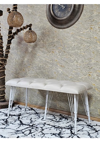 Metal Beyaz Tel Ayaklı 100 cm Puf Bench - Puf - Bench - Oturak - Mutfak Oturağı - Antre Oturağı Krem Renk 100 x 40 Boyut/ebat