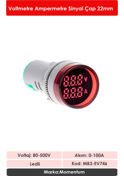 D22 Sinyal LED Voltmetre Ampermetre 80-500V / 0-100A Kırmızı MB3-EV746 fiyatları