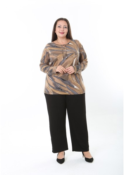 Kadın Desenli Likralı Yünlü Viskon Bluz