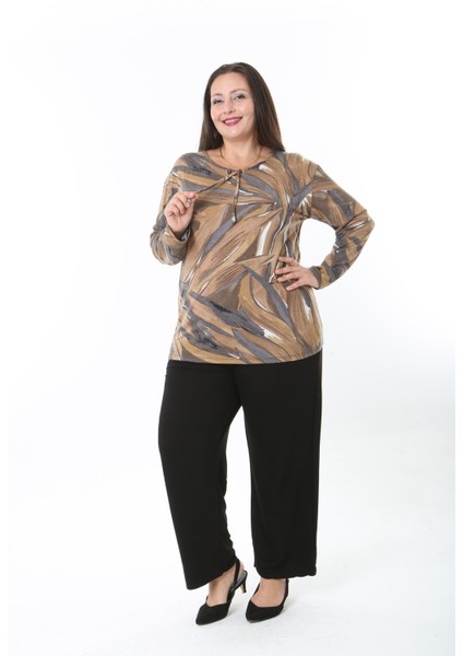 Kadın Desenli Likralı Yünlü Viskon Bluz