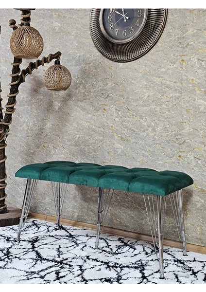 Metal Krom Tel Ayaklı 100 cm Puf Bench - Puf - Bench - Oturak - Mutfak Oturağı - Antre Oturağı Yeşil Renk 100 x 40 Boyut/ebat