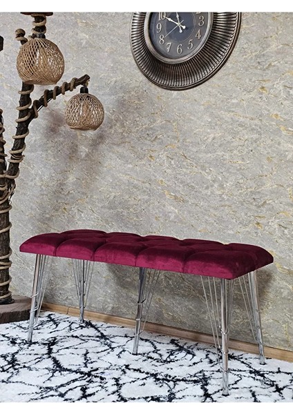 Metal Krom Tel Ayaklı 100 cm Puf Bench - Puf - Bench - Oturak - Mutfak Oturağı - Antre Oturağı Bordo Renk 100 x 40 Boyut/ebat