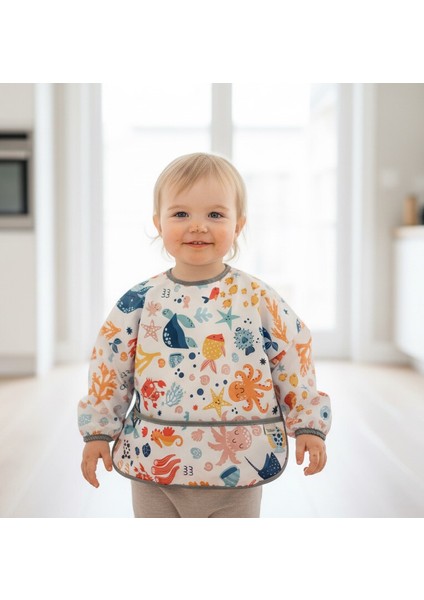 Ocean, Sıvı Geçirmez, Cepli, Makinede Yıkanabilir, Uzun Kollu Bebek Önlüğü