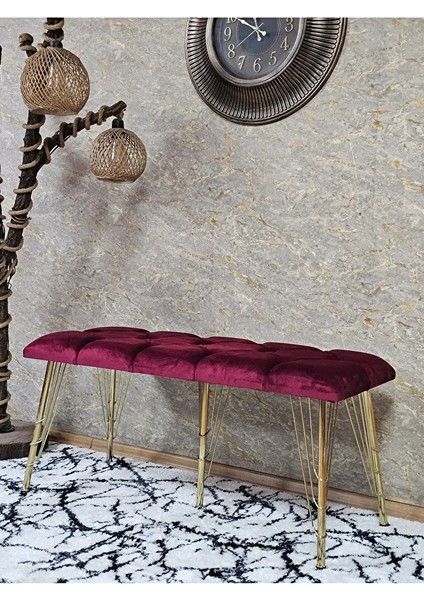 Metal Gold Tel Ayaklı 100 cm Puf Bench - Puf - Bench - Oturak - Mutfak Oturağı - Antre Oturağı Bordo Renk 100 x 40 Boyut/ebat