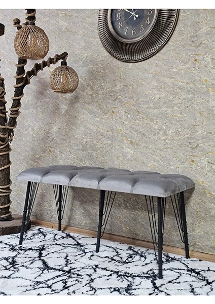 Metal Siyah Tel Ayaklı 100 cm Puf Bench - Puf - Bench - Oturak - Mutfak Oturağı - Antre Oturağı Gri Renk 100 x 40 Boyut/ebat