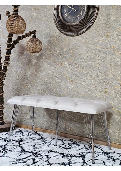 Metal Krom Tel Ayaklı 100 cm Puf Bench - Puf - Bench - Oturak - Mutfak Oturağı - Antre Oturağı Krem Renk 100 x 40 Boyut/ebat