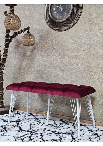 Metal Beyaz Tel Ayaklı 100 cm Puf Bench - Puf - Bench - Oturak - Mutfak Oturağı - Antre Oturağı Bordo Renk 100 x 40 Boyut/ebat