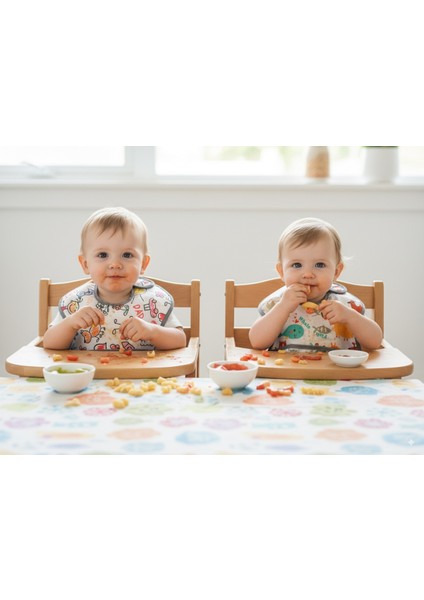 , 2 Adet, Ekonomik Set, 6-24AY, Zoo ve Family Desen, Sıvı Geçirmeyen, Cepli, Cırtlı Mama Önlüğü, Önlük