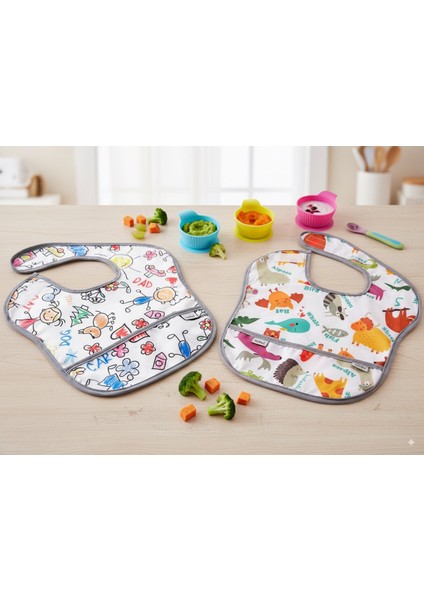 , 2 Adet, Ekonomik Set, 6-24AY, Zoo ve Family Desen, Sıvı Geçirmeyen, Cepli, Cırtlı Mama Önlüğü, Önlük fiyatları