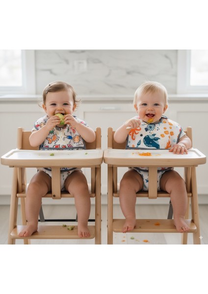 , 2 Adet, Ekonomik Set, 6-24AY, Family ve Sea Desen, Sıvı Geçirmeyen, Cepli, Cırtlı Mama Önlüğü, Önlük